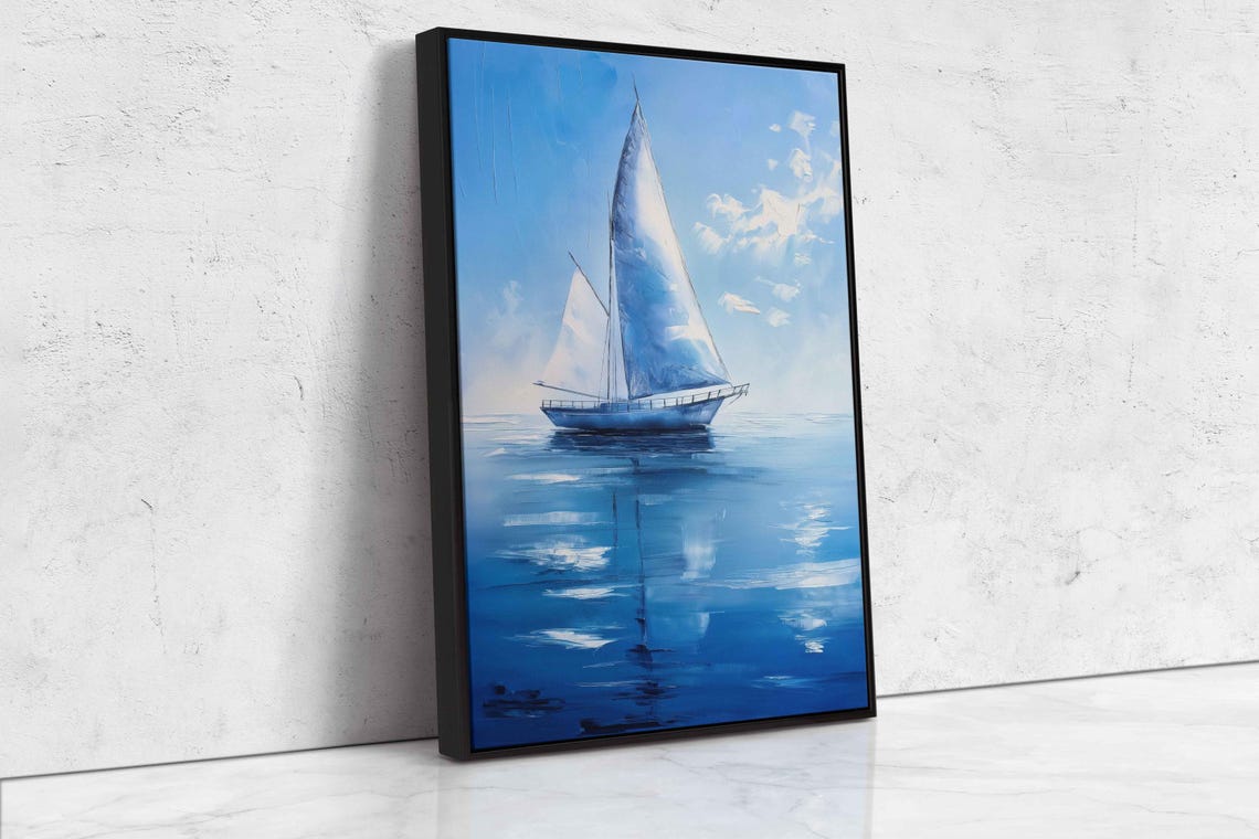 Sailboat Gliding On Mirror Calm Blue Ocean Minimalist Art Poster - Image 4