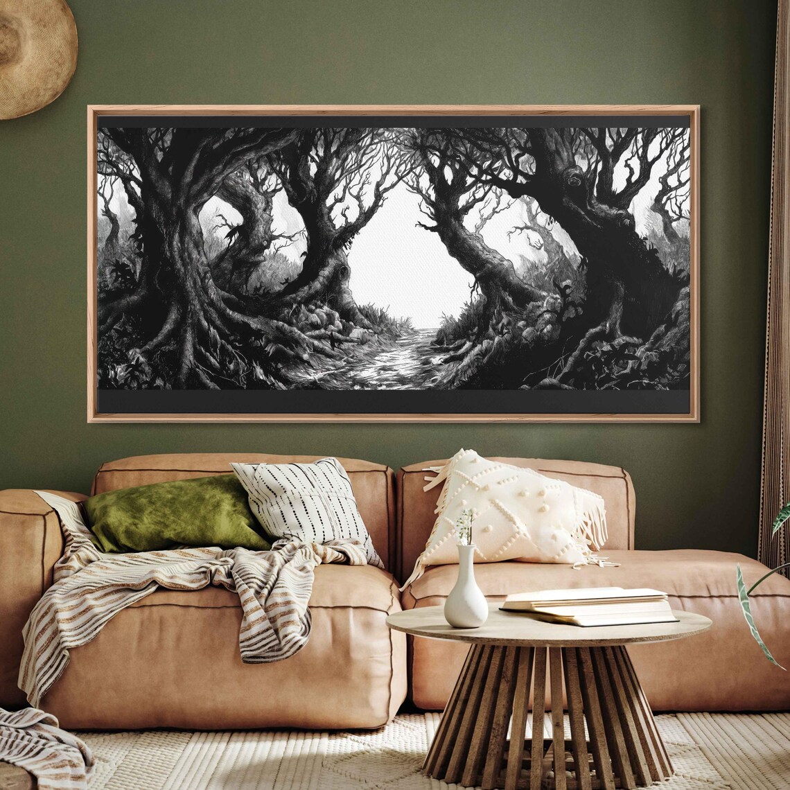 Archway of Leaning Gnarled Trees Over Winding Path Ink Halloween Poster