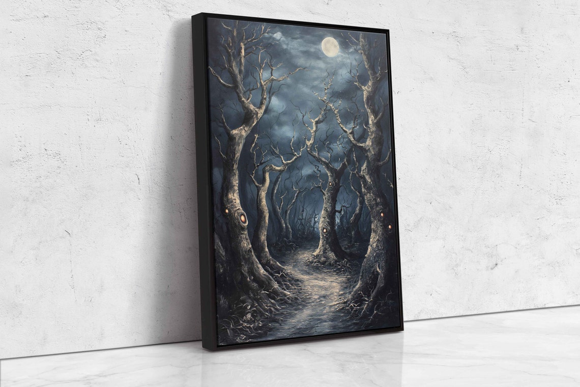 Haunted Forest Glowing Eyes Full Moon Spooky Night Path Wall Art - Image 4