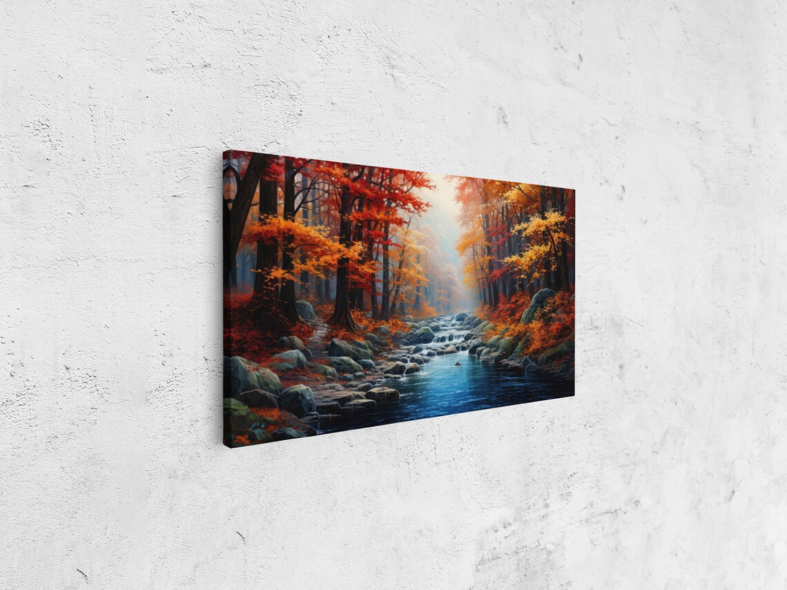 Misty Autumn Forest Stream Red Orange Fall Foliage Painting Poster - Image 4