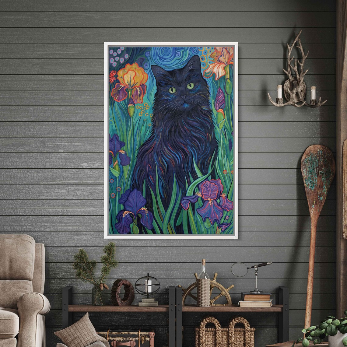 Black Cat Among Colorful Iris Flowers Van Gogh Style Whimsical Art Poster - Image 3