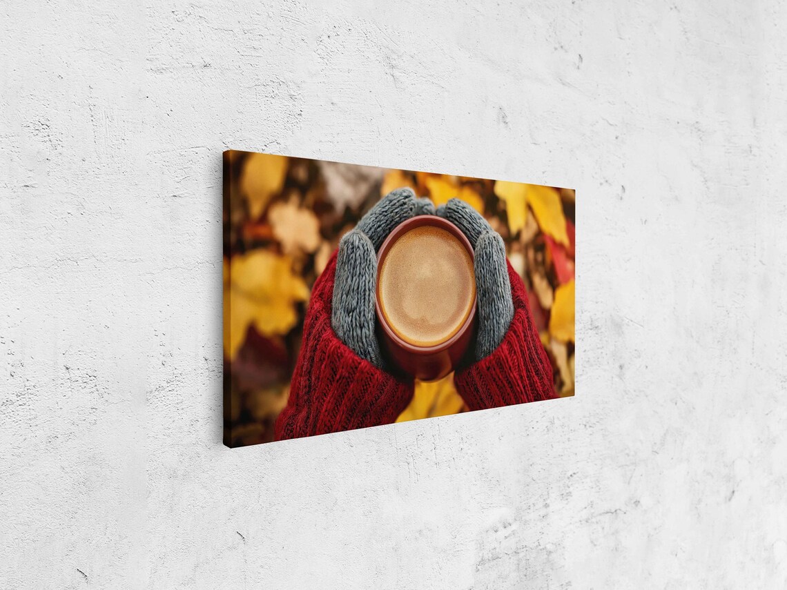 Hands In Cozy Knit Sweater Holding Warm Coffee Cup Among Autumn Leaves Wall Art - Image 4