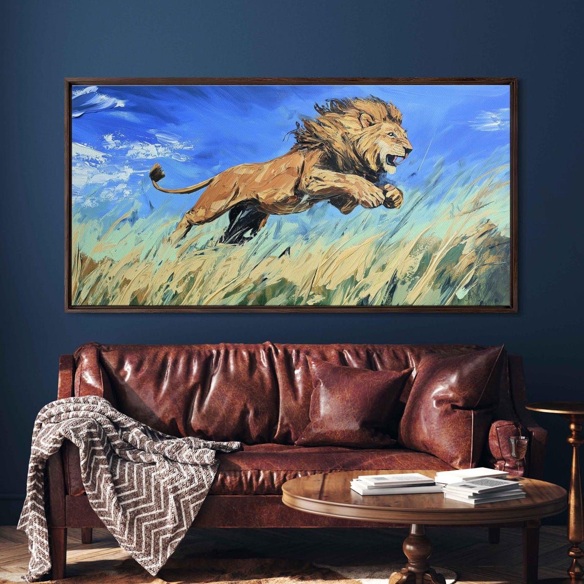 Majestic Lion Leaping Through Tall Grass Vibrant Blue Sky Art Poster - Image 3