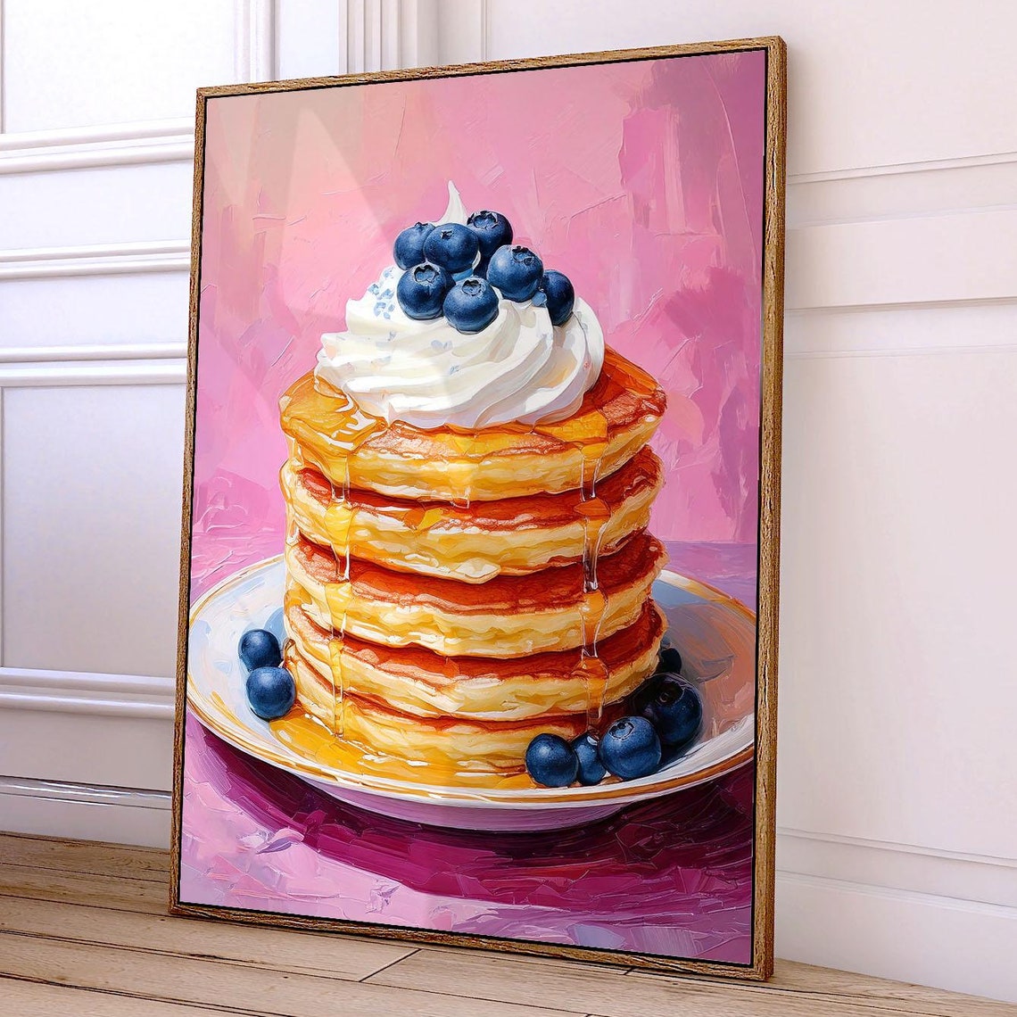 Pink Pancake Stack Blueberries Whipped Cream Kitchen Art Poster