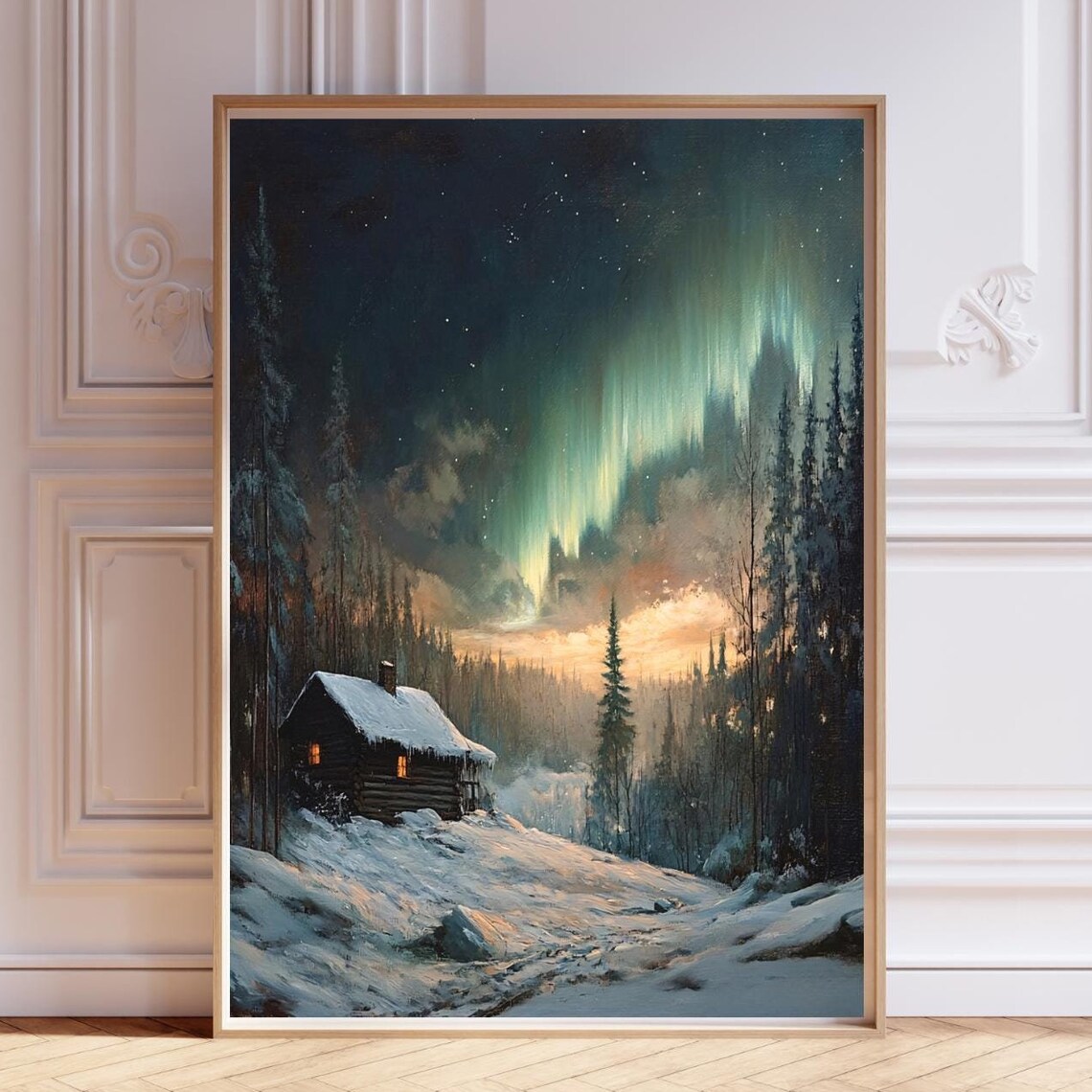 Northern Lights Moody Aurora Art Print, Winter Cabin Decor