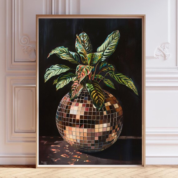 Disco Ball Moody Botanical Art Maximalist Funky Poster Mcm Wall Retro Eclectic Painting Housewarming Gift Y2k Prints