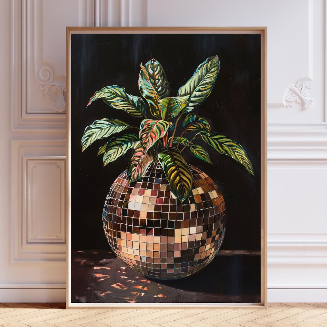 Disco Ball Planter Colorful Tropical Leaves Dark Maximalist Art Print