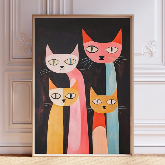 Midcentury Cat Print Mcm Wall Art Eclectic Painting Retro Futurism Pop Dopamine Decor Abstract Maximalism Funky Poster