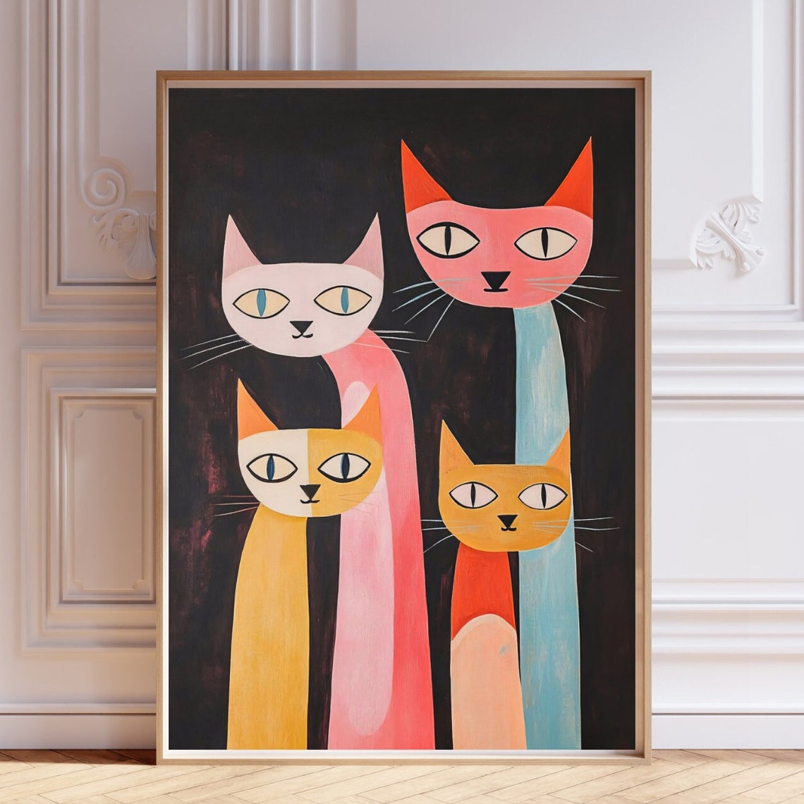 Midcentury Modern Stylized Cats Colorful Folk Art Poster on Black Ground