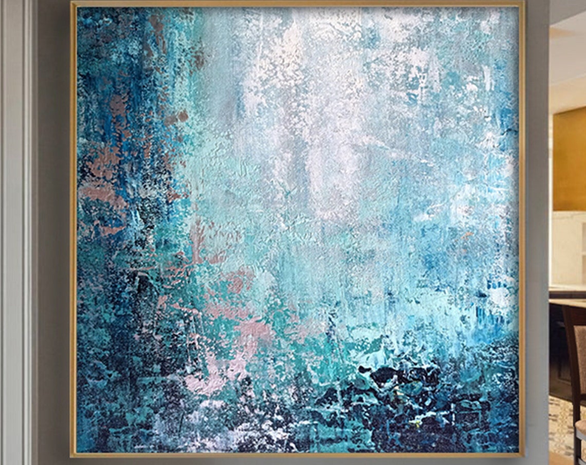 Teal Turquoise Blue Waterfall Cascade Abstract Textured Wall Art - Image 4