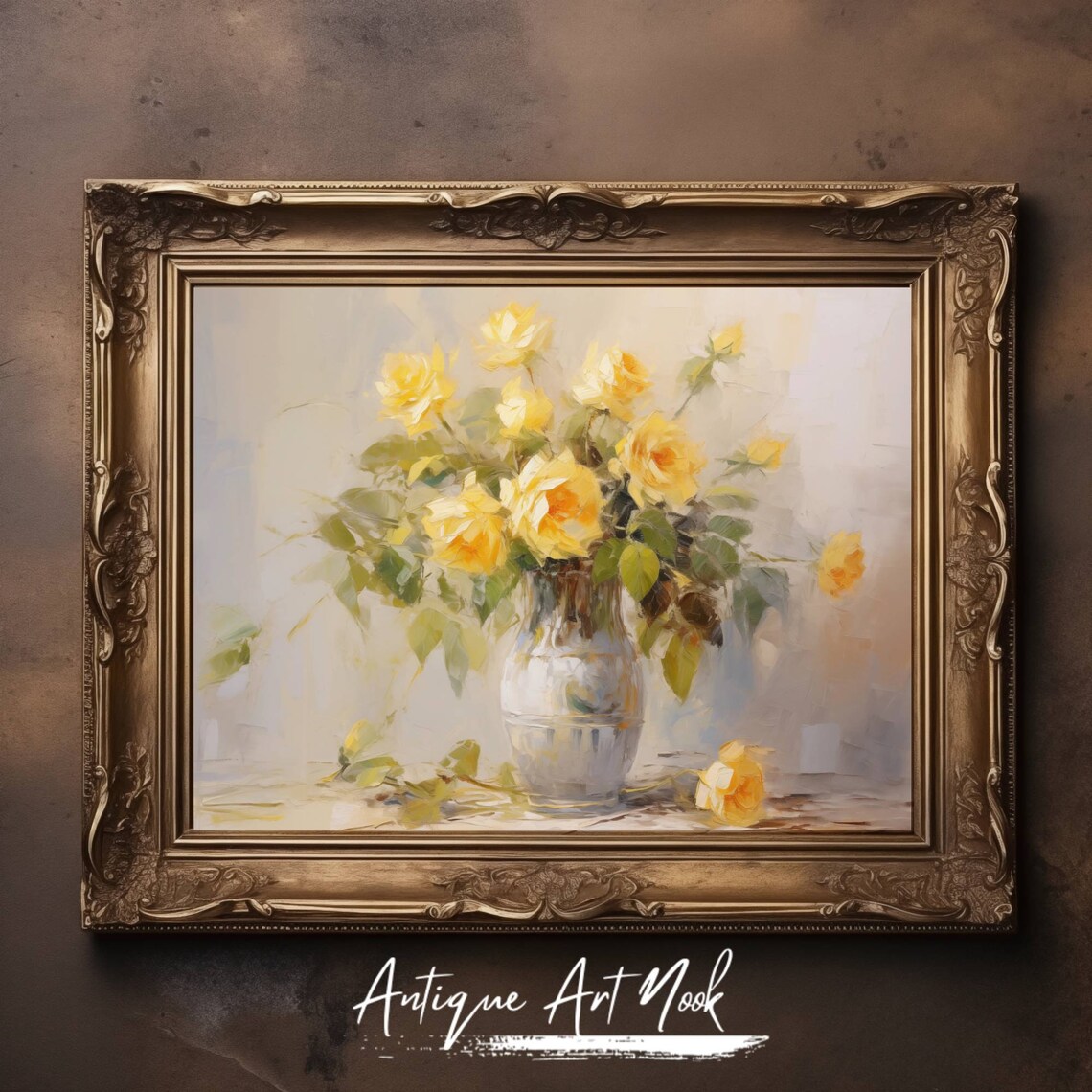 Yellow Roses in Vase, Vintage Still Life Art Print - Image 3