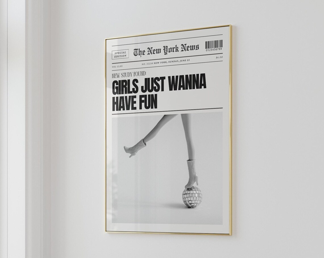 Newspaper Disco Art Print, Black and White Retro