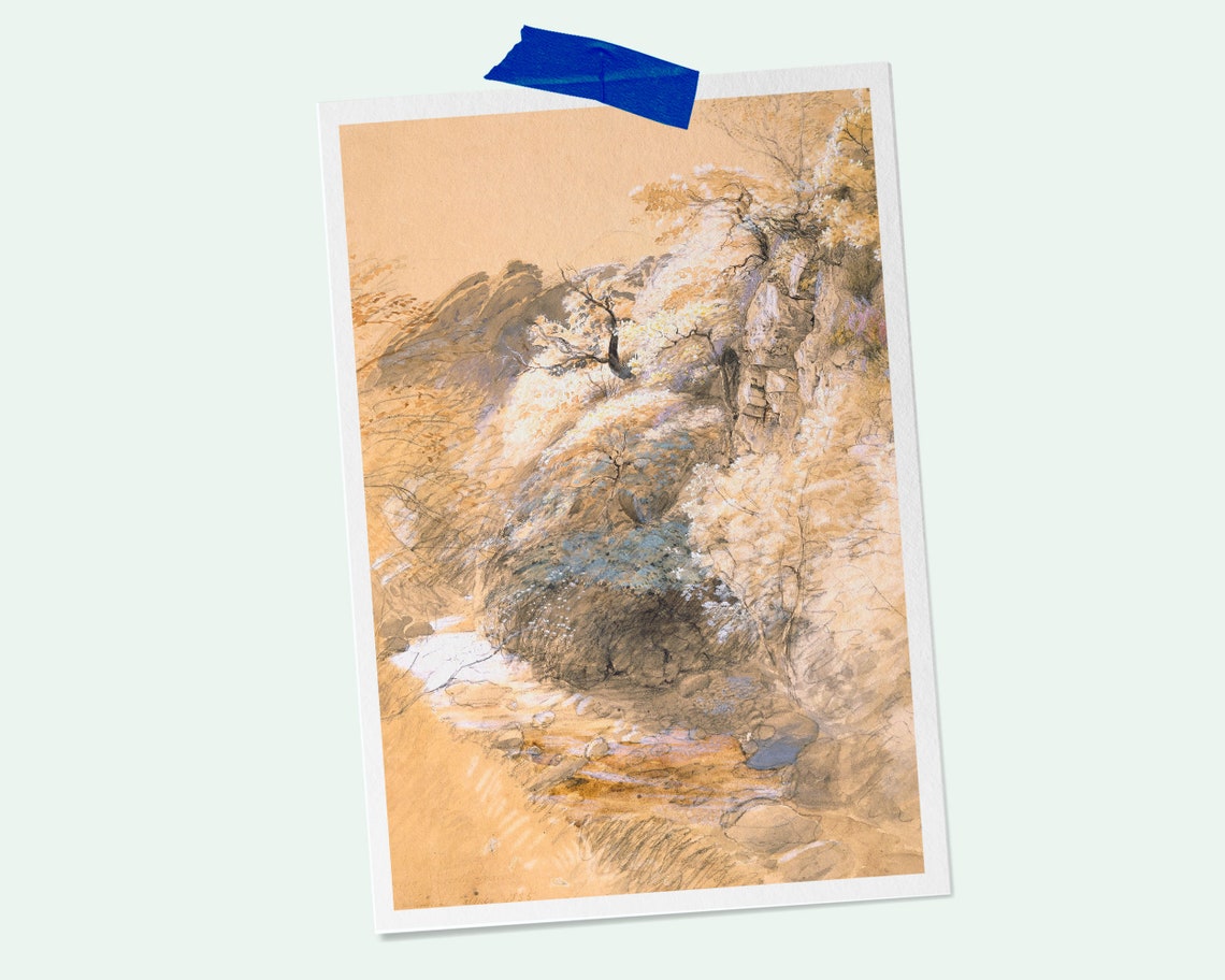 Rocky Canyon Stream Vintage Sepia Landscape Sketch Wall Art Poster - Image 2