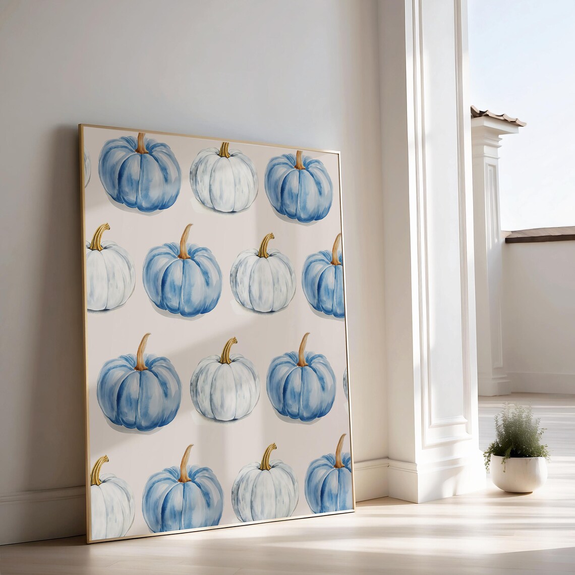 Blue Watercolor Pumpkins Grid Pattern Fall Halloween Seasonal Decor Poster - Image 2