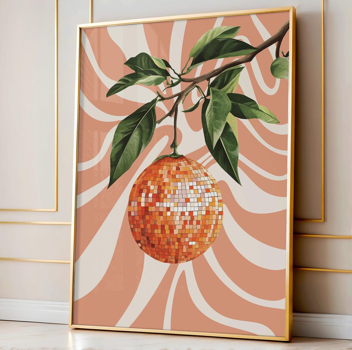 Orange Disco Ball Hanging Fruit Poster Retro Citrus Decor Art