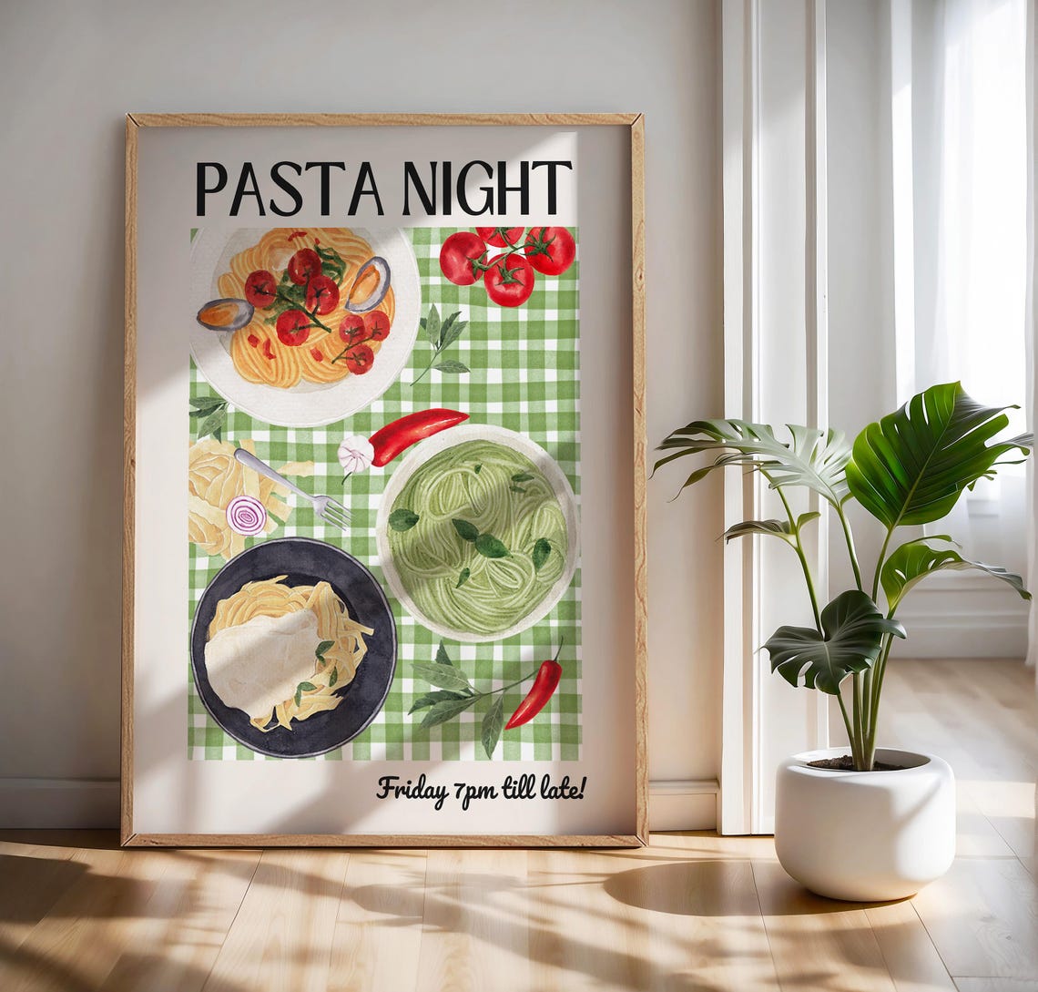 Pasta Night Friday Dinner Party Food Illustration Poster Kitchen Art