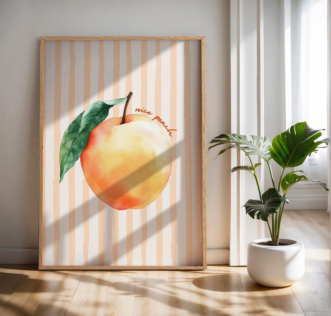 Nice Peach Watercolor Poster Juicy Fruit on Pink Stripes Decor - Image 3
