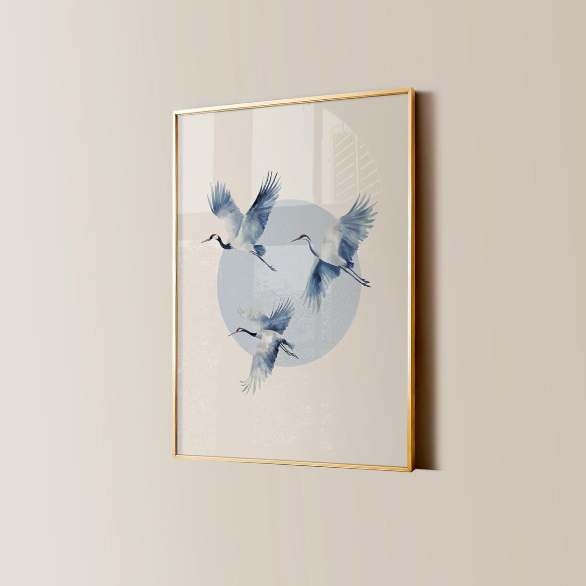 Three Flying Cranes Japanese Watercolor Bird Poster with Moon Art - Image 4