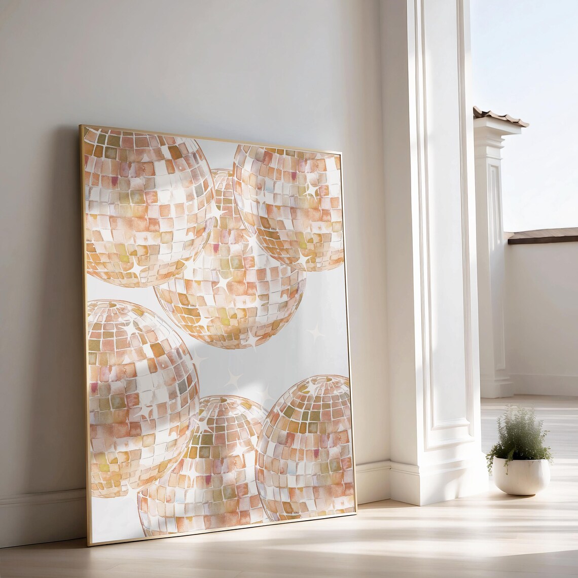 Champagne Gold Watercolor Disco Balls Party Sparkle Wall Art - Image 3