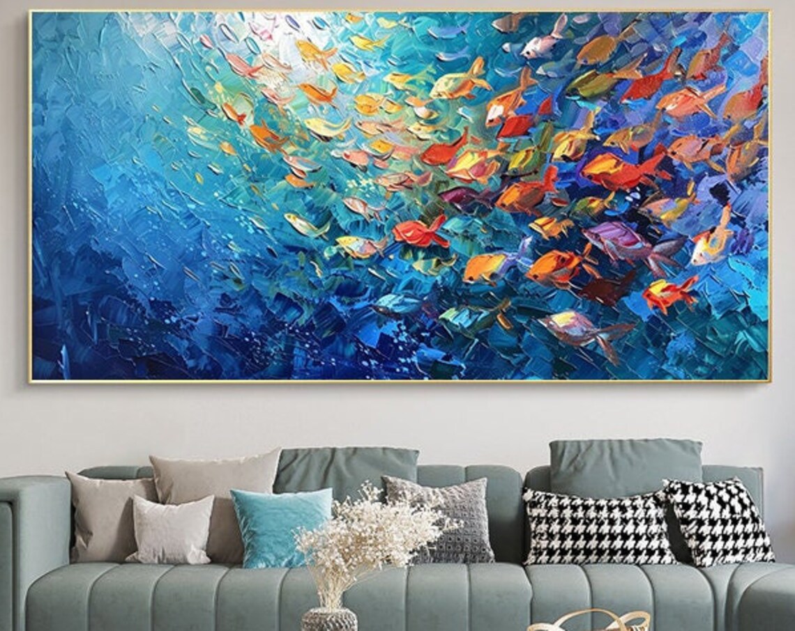 School of Colorful Fish Deep Blue Ocean Impasto Textured Wall Poster