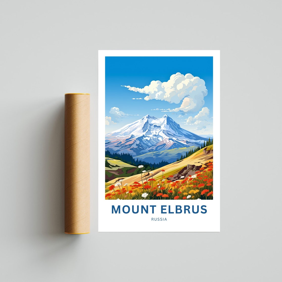 Mount Elbrus Russia Personalized Wildflower Meadow Peak Travel Poster - Image 4
