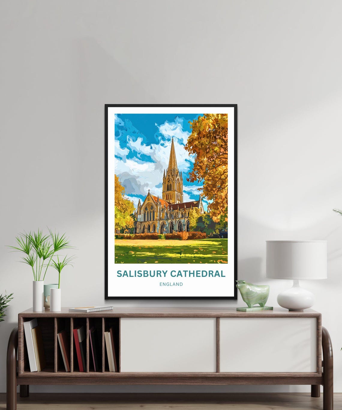 Salisbury Cathedral England Autumn Trees Colorful Art Poster - Image 3