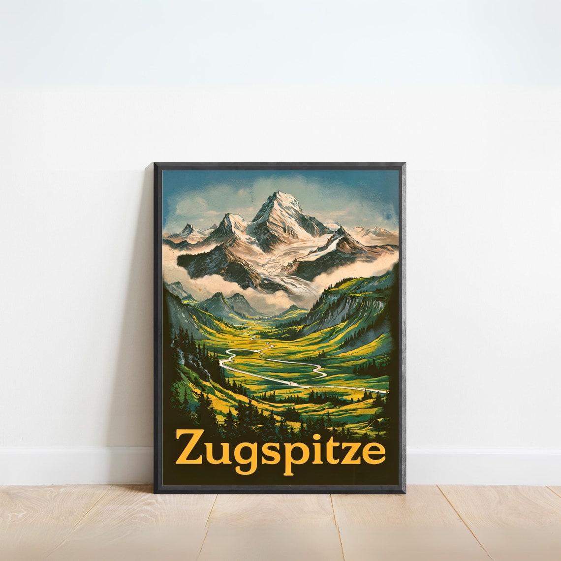Zugspitze Bavarian Alps Mountain Valley Vintage Travel Poster
