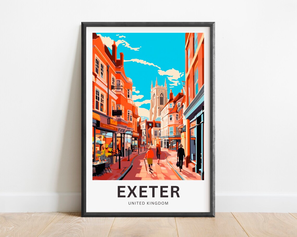 Exeter United Kingdom Travel Poster Sunny Historic Street Scene