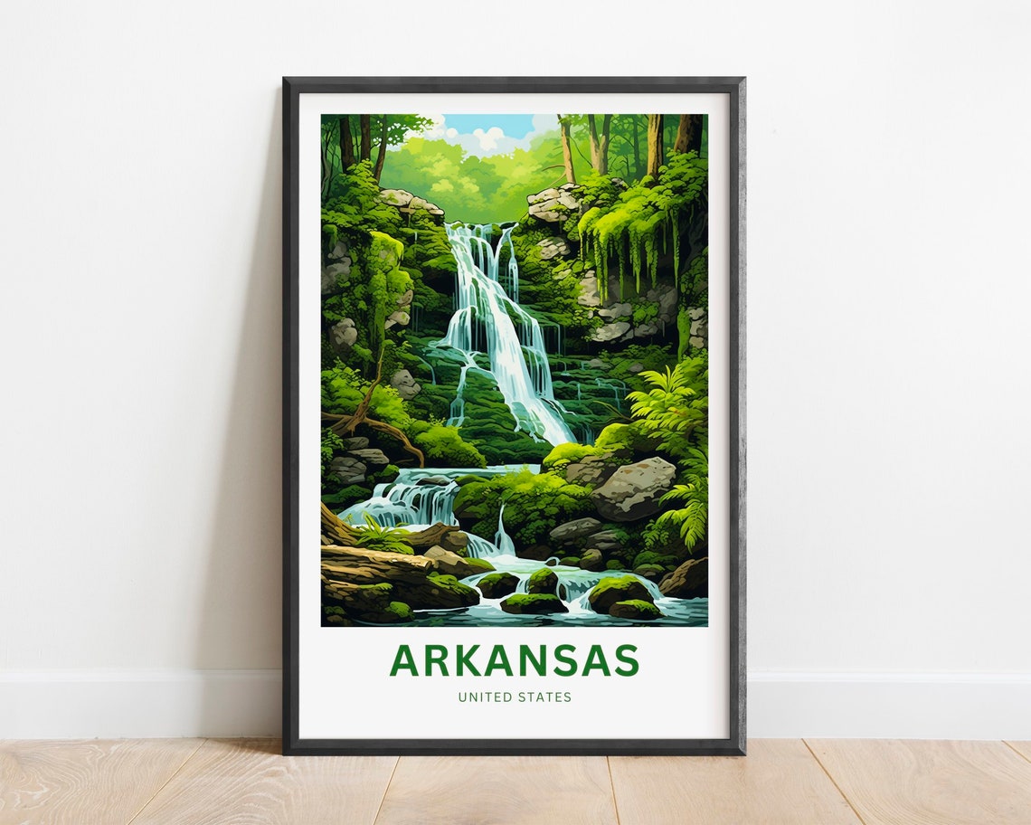 Arkansas Mossy Waterfall Grotto Fern Rocks Forest Travel Poster