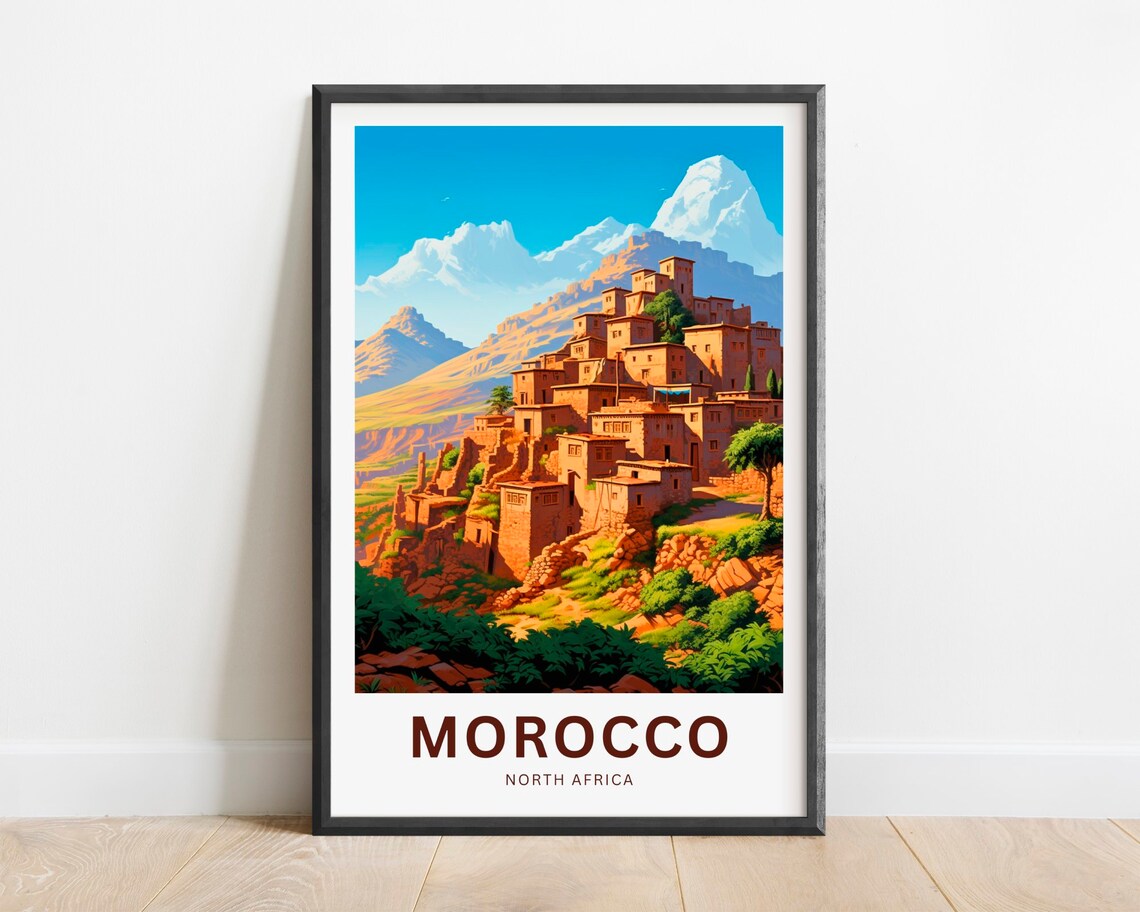 Morocco Kasbah Village Red Hills Snow Mountain Atlas View Poster