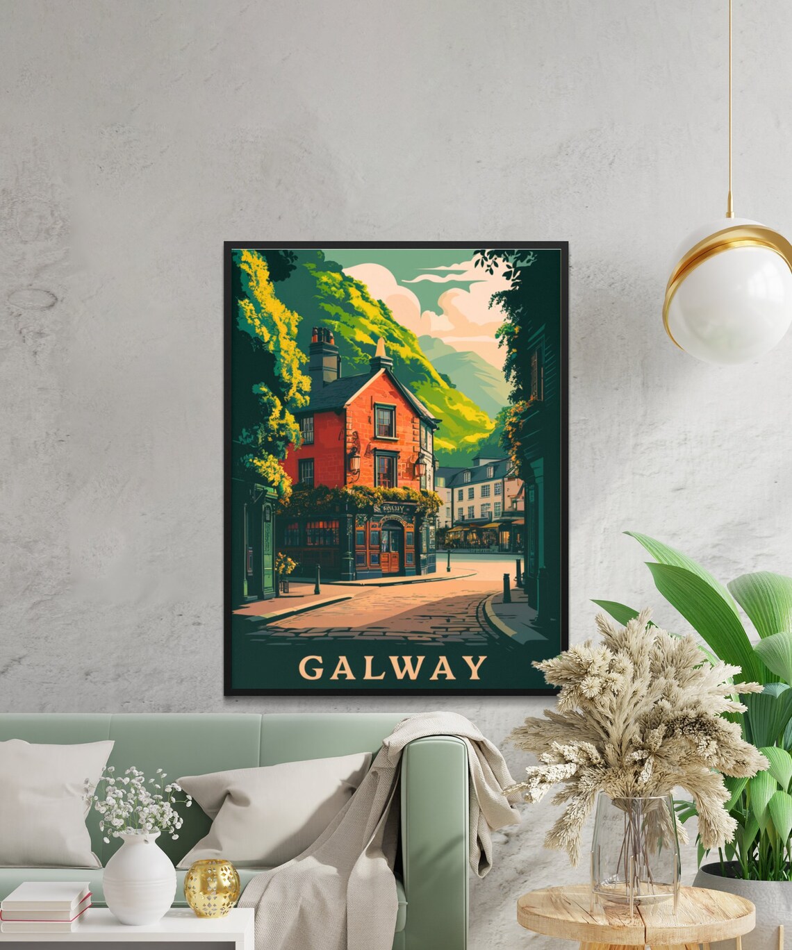 Galway Ireland Vintage Pub Cobbled Street Hillside Town Travel Poster - Image 3