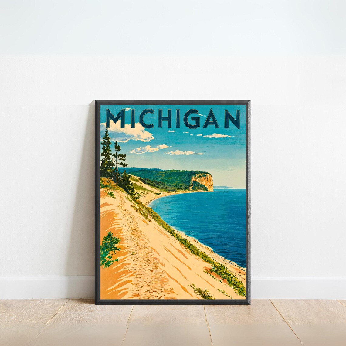 Michigan Vintage Dunes Shoreline Lake Travel Poster Retro Style