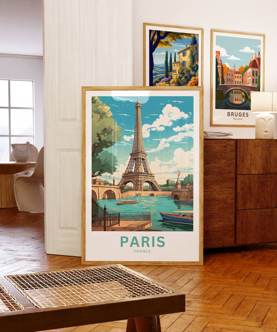 Paris France Eiffel Tower Bridge Boats Waterfront Travel Poster