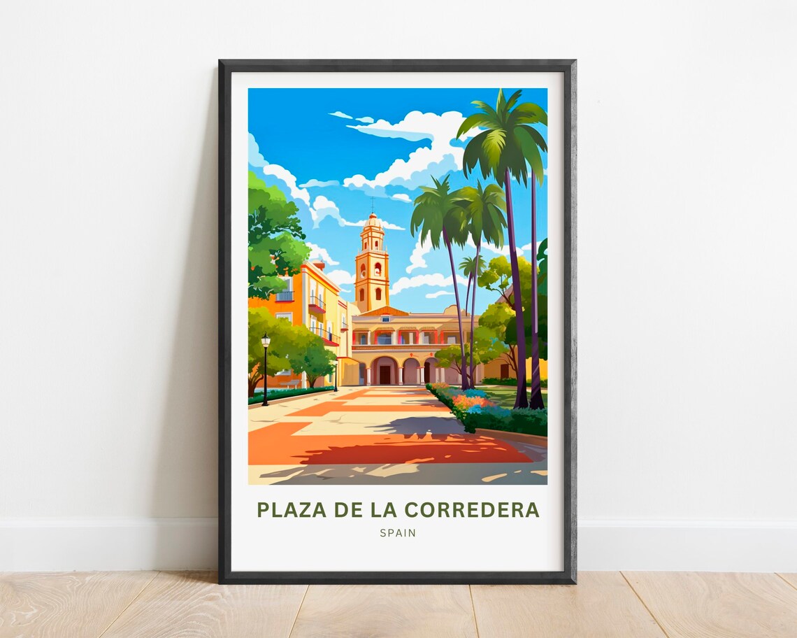 Plaza De La Corredera Spain Church Tower Palm Trees Travel Poster