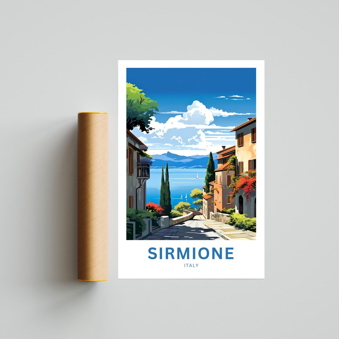 Sirmione Italy Lakeside Street Cypress View Vintage Travel Poster - Image 4