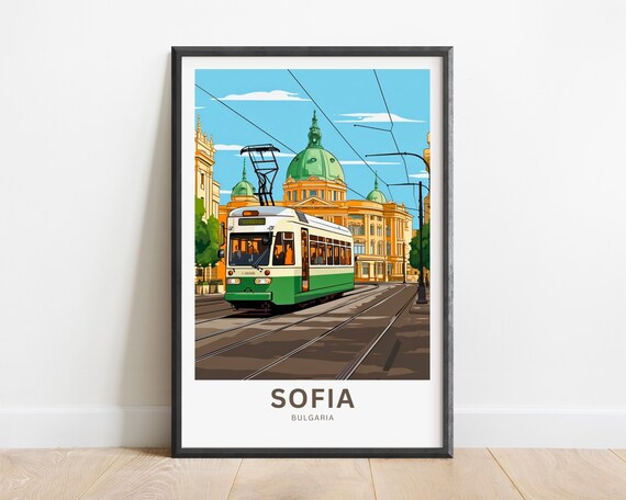 Sofia Bulgaria Green Tram Vintage City Art Illustration Poster