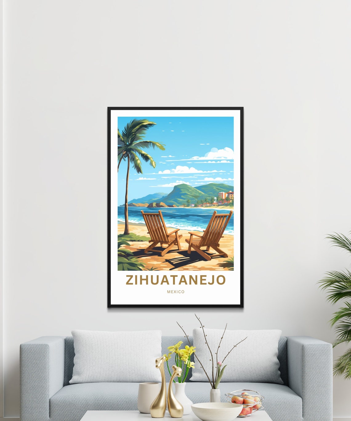 Zihuatanejo Mexico Beach Bay Mountain View Lounge Chairs Poster - Image 3