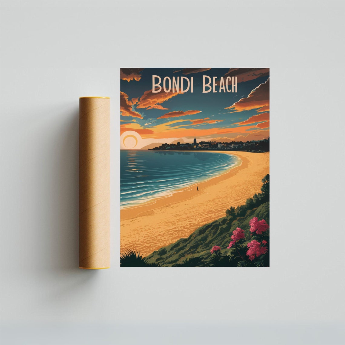 Bondi Beach Fiery Sunset Clouds Lone Walker Golden Shore Poster - Image 3