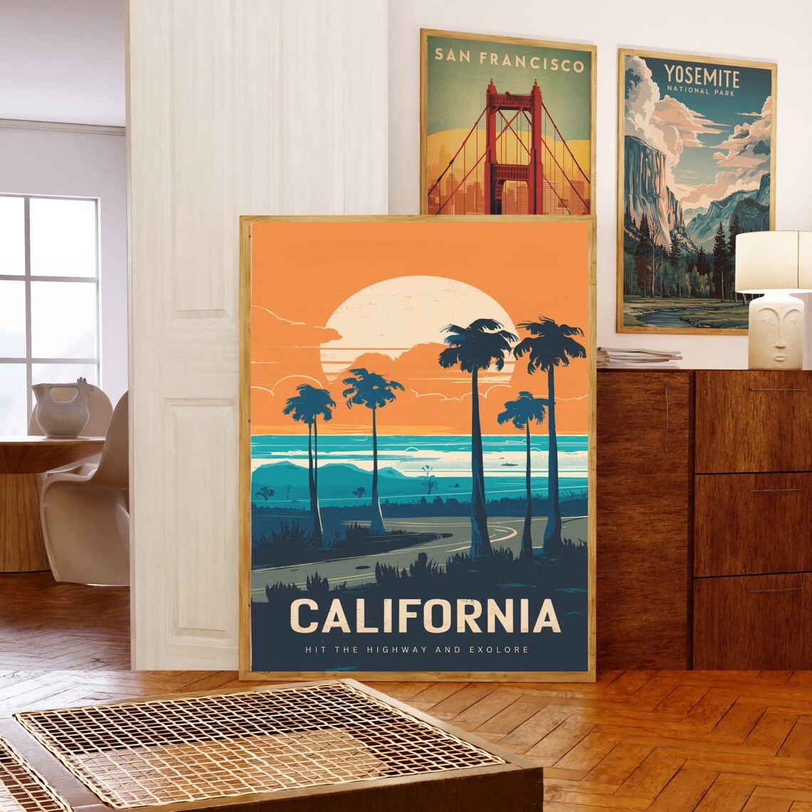 California Retro Travel Poster Highway Palms Sunset Coast Vintage Art - Image 5