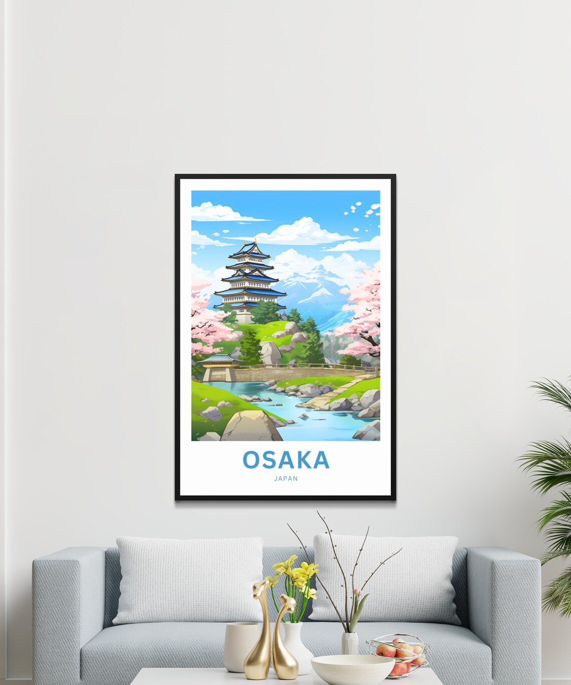 Osaka Japan Castle Hill Cherry Blossom River Bridge Travel Poster Art - Image 3