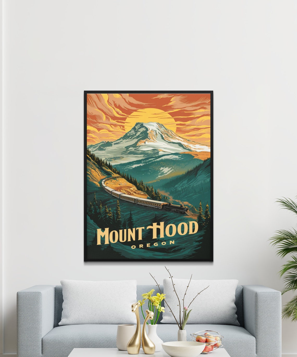 Mount Hood Oregon Retro Travel Poster Train Ride Sunset Peaks Art