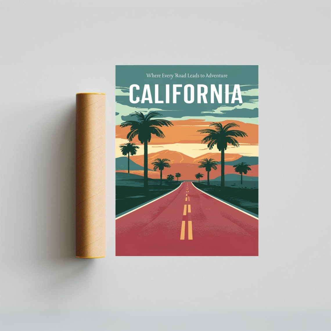 California Palm Tree Road Sunset Retro Adventure Travel Poster - Image 3