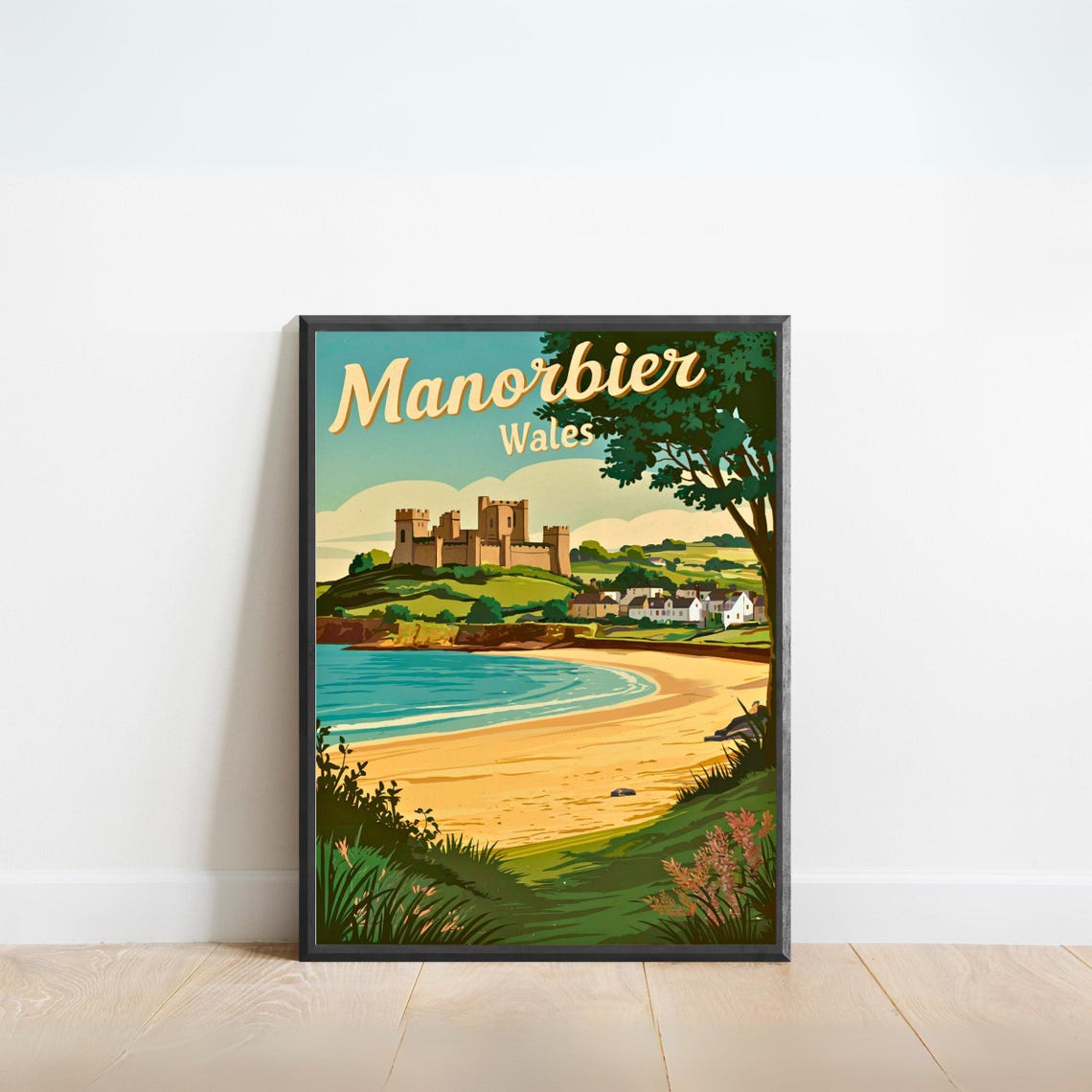 Manorbier Wales Vintage Castle Hill Beach Retro Travel Poster