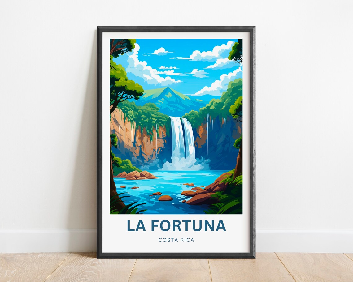 La Fortuna Waterfall Costa Rica Bright Retro Travel Art Poster