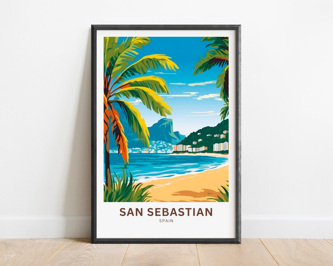 San Sebastian Spain Palm Beach Coastline Vintage Travel Poster