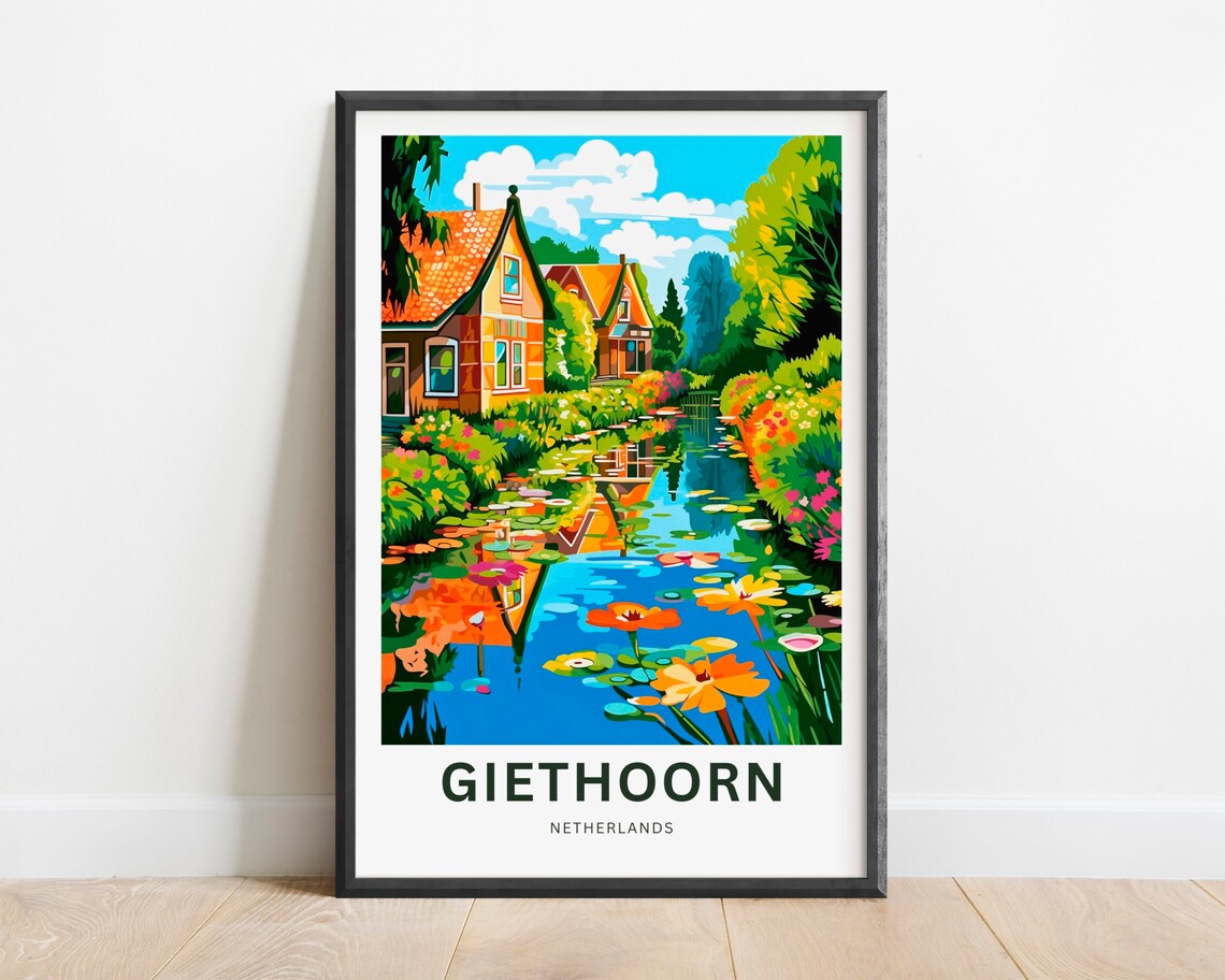 Giethoorn Netherlands Travel Poster Canal Cottages Water Lilies Art