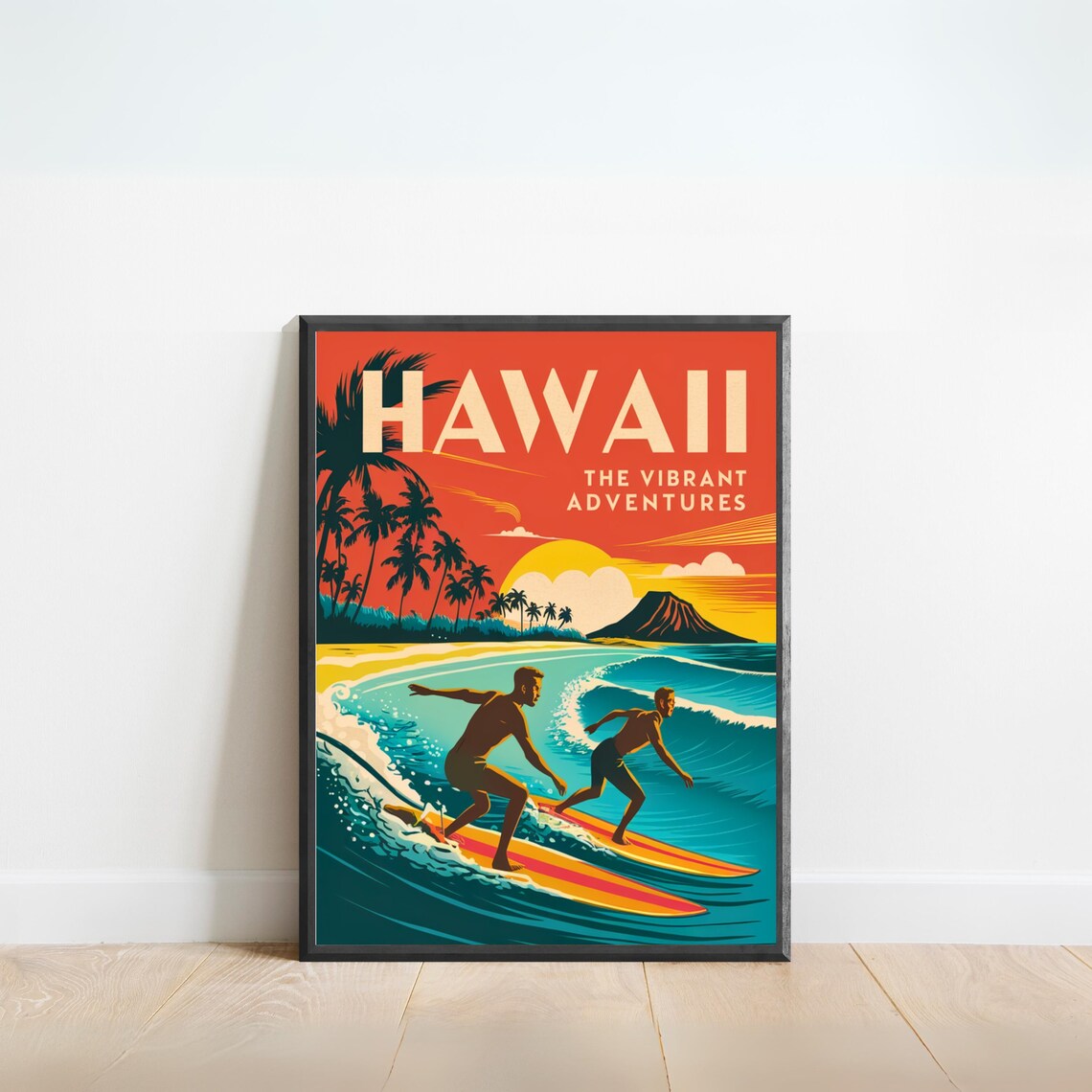 Hawaii The Vibrant Adventures Retro Surf Sunset Palm Travel Poster