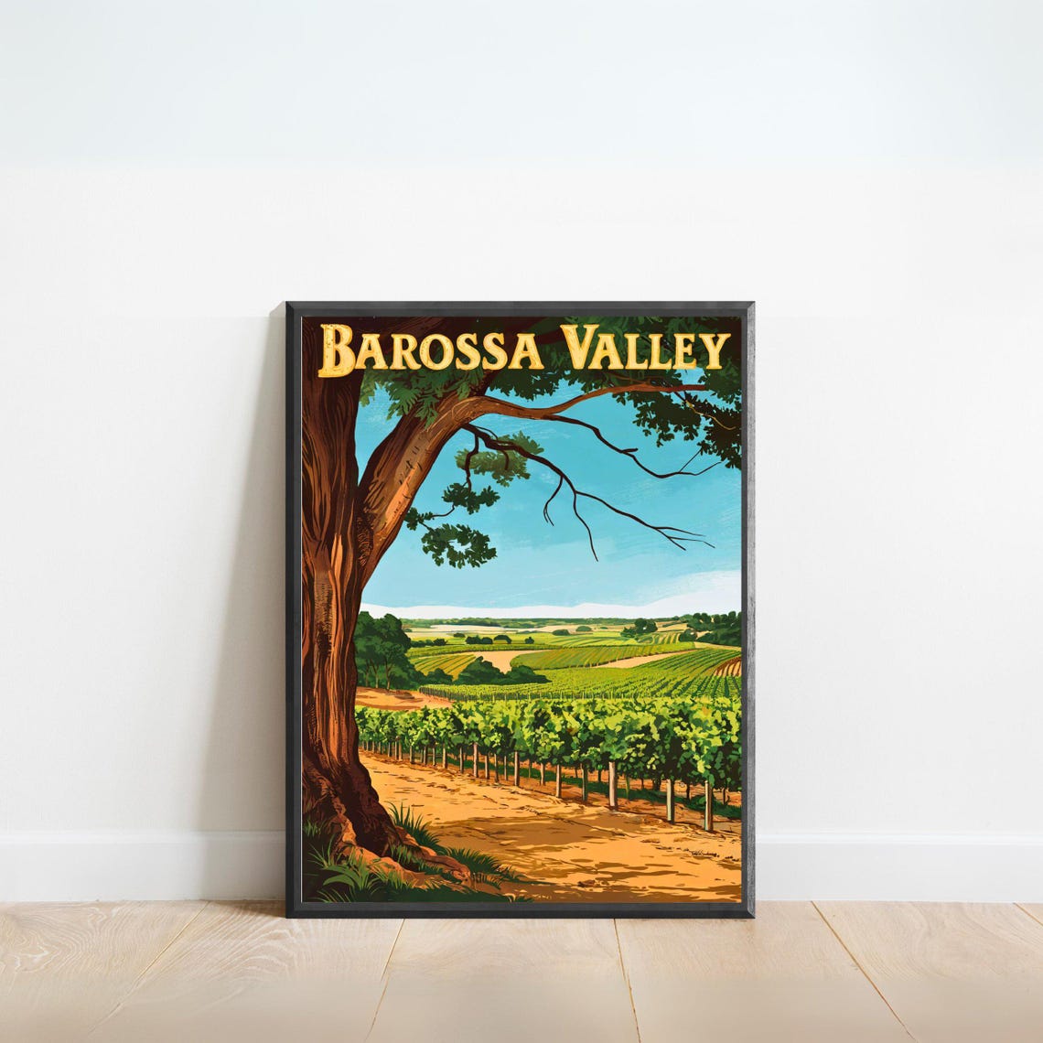 Barossa Valley Vintage Poster with Ancient Tree Overlooking Vineyard