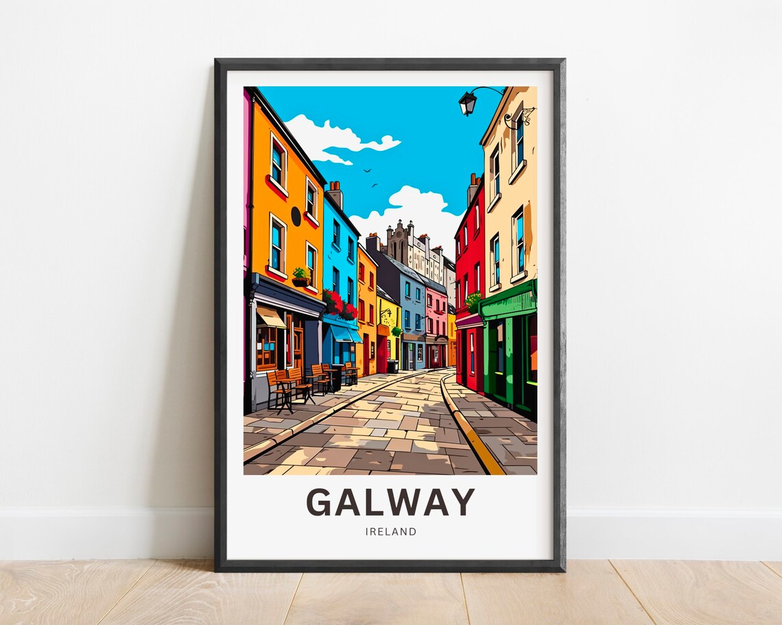 Galway Ireland Vibrant Old Town Cafe Street in Bright Colors Poster