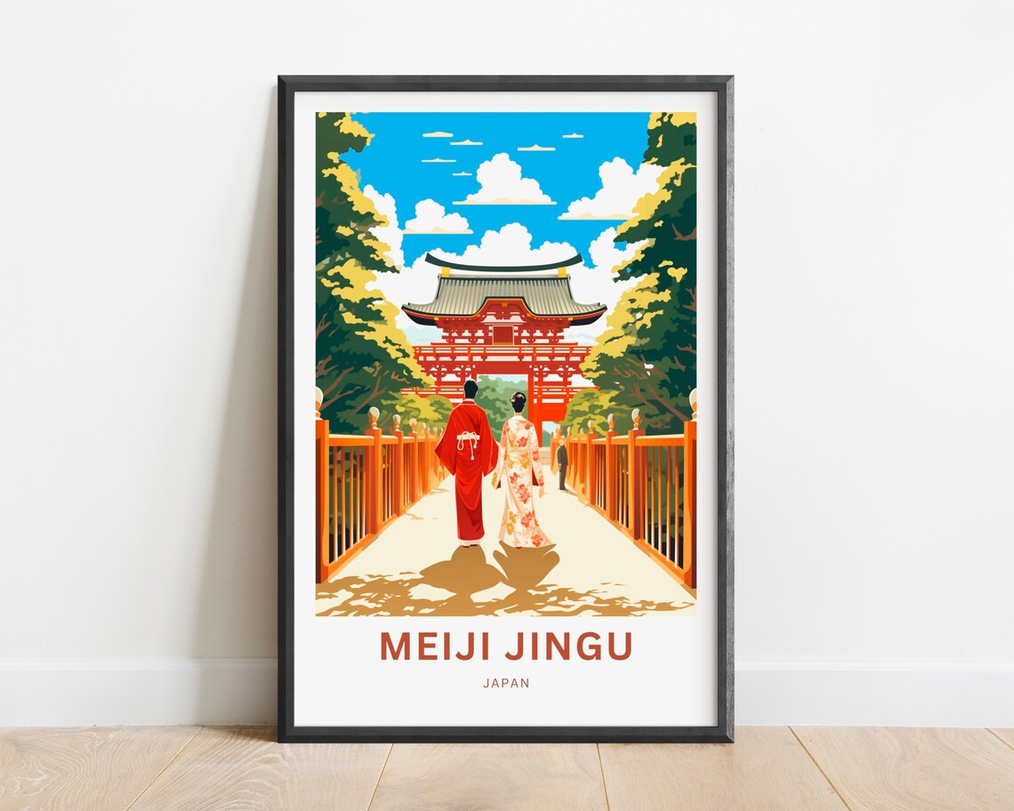 Meiji Jingu Japan Shinto Shrine Gate Couple Kimono Travel Poster